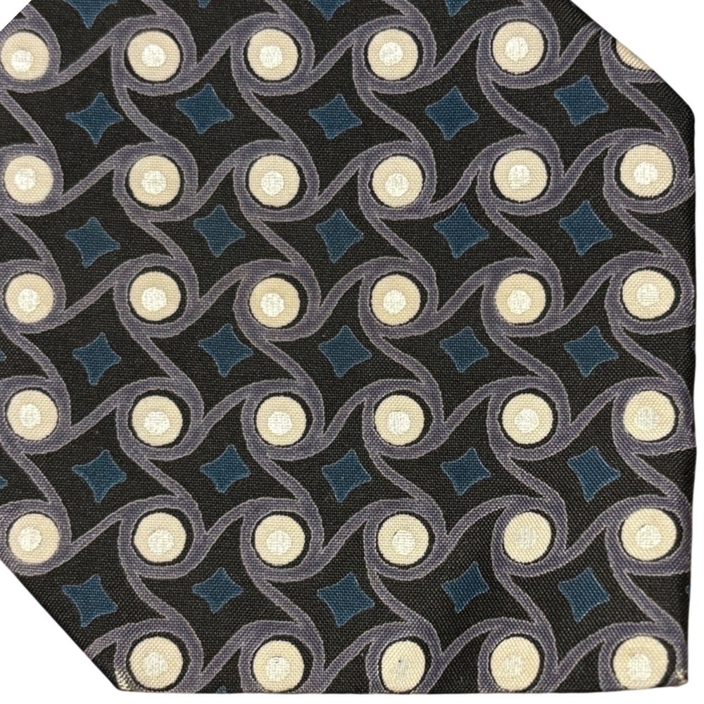 Mulberry Thai Silks Mens Geometric Silk Necktie Black Blue Cream Hand Sewn USA‎